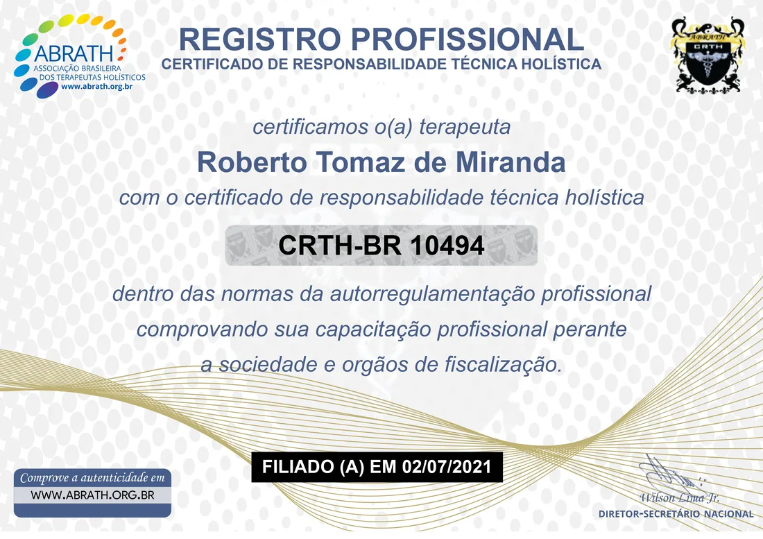 Certificado ABRATH de Roberto Tomaz — CRTH-BR 10494